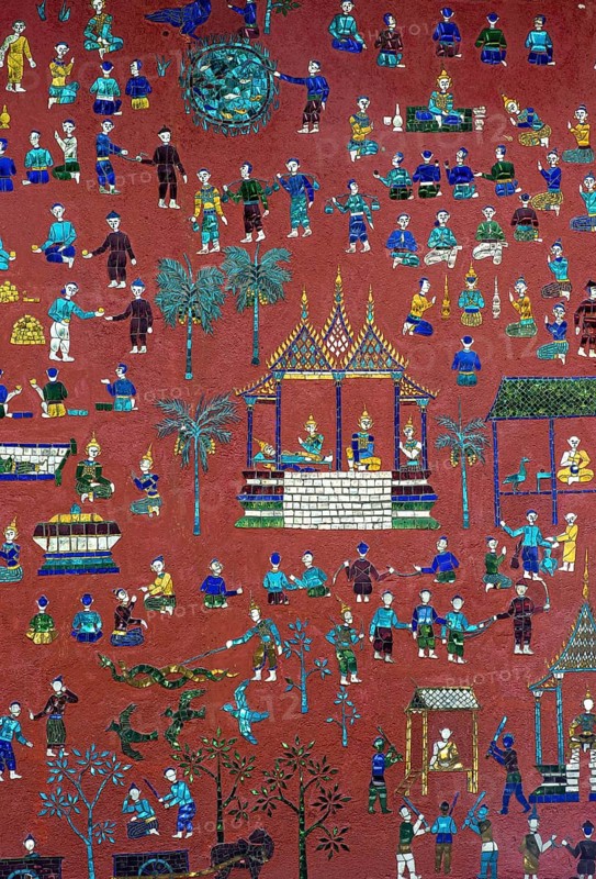 Glass mosaic with scenes from the parable of Siaosawat