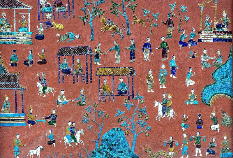 Glass mosaic with scenes from the parable of Siaosawat