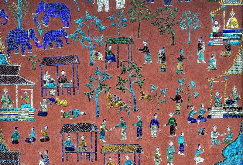 Glass mosaic with scenes from the parable of Siaosawat