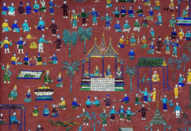 Glass mosaic with scenes from the parable of Siaosawat