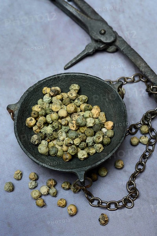 Green Malabar pepper in weighing pan