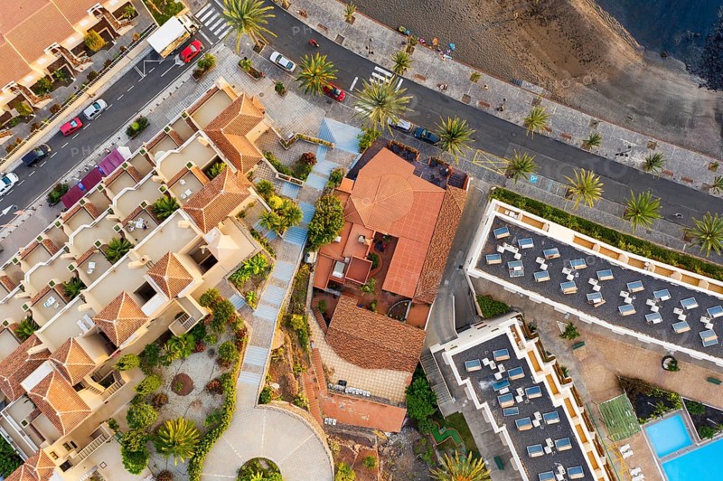 Apartment buildings and restaurant from above