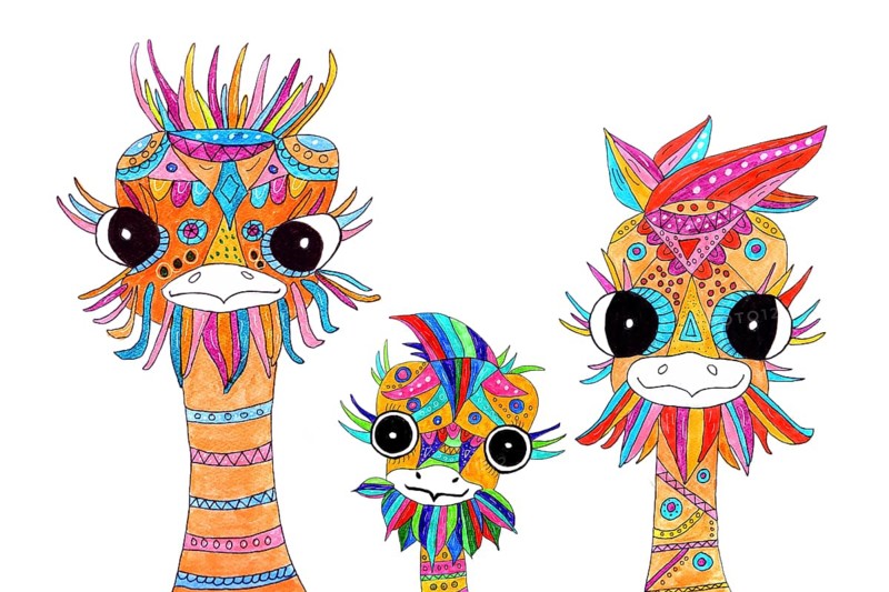 Three painted ostriches