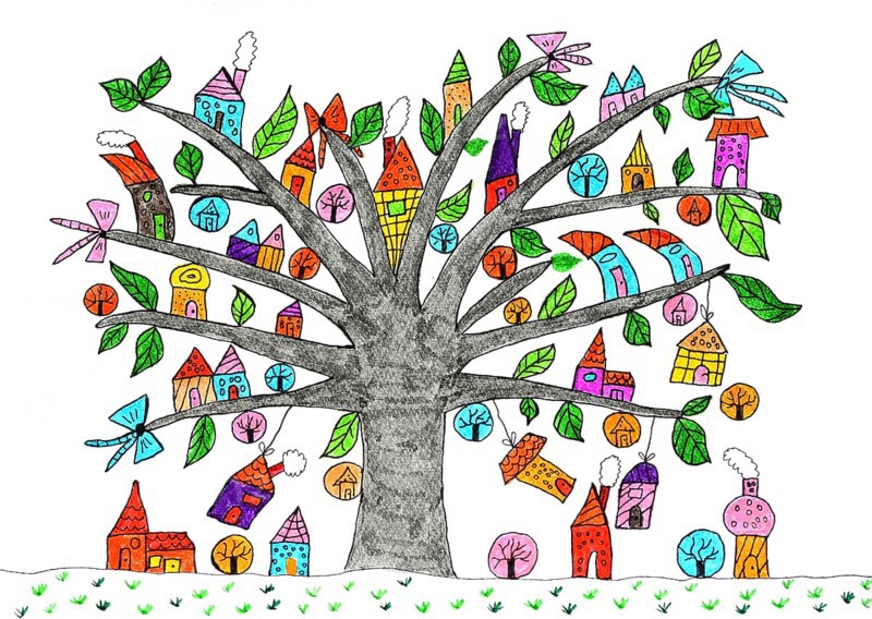 Painted tree with small houses as leaves