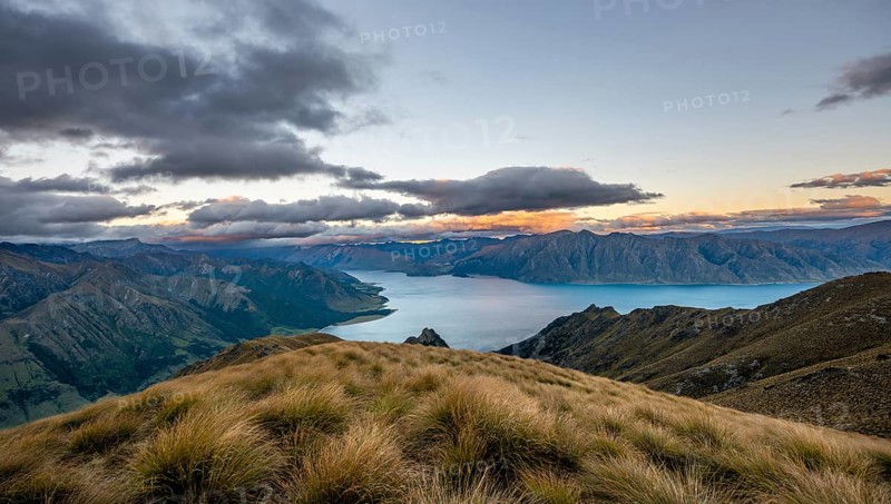 View of Lake Hawea at sunset