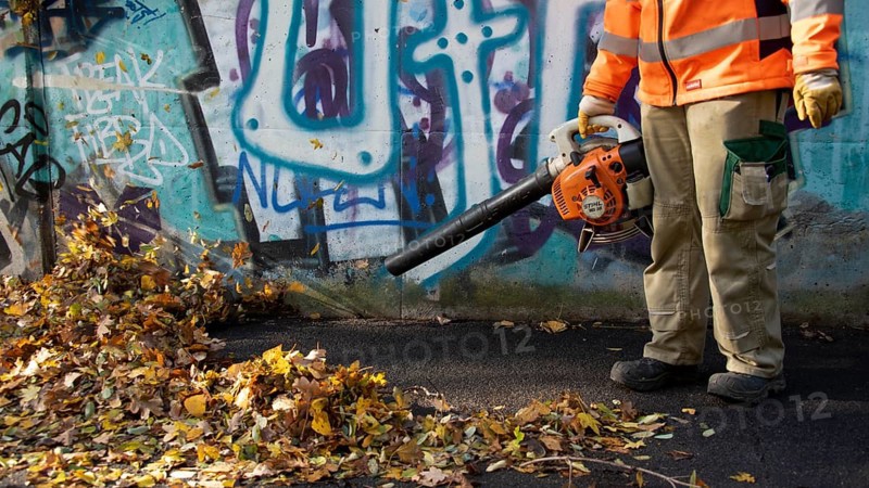 Removal of autumn leaves with a leaf blower