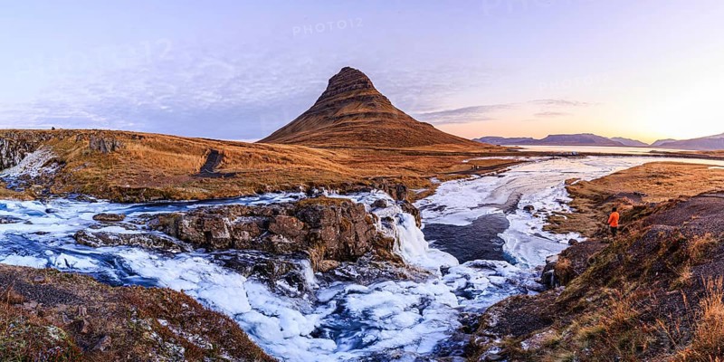 Morning atmosphere at Kirkjufell with waterfall Kirkjufellsfoss