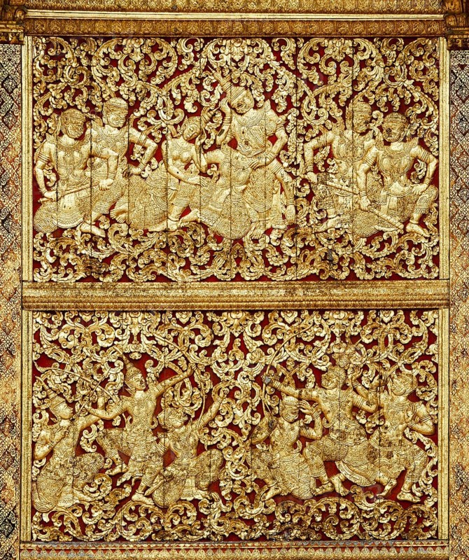 Gilt teak wall plaque with depictions from the Lao version of the Ramayana