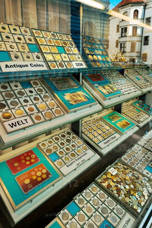 Showcase with different coin collections