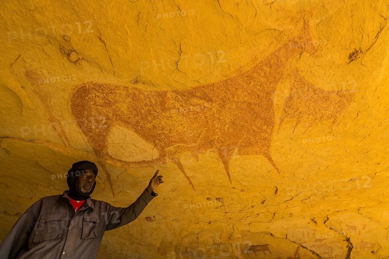Man pointing out a Rock painting in the Unesco world heritage