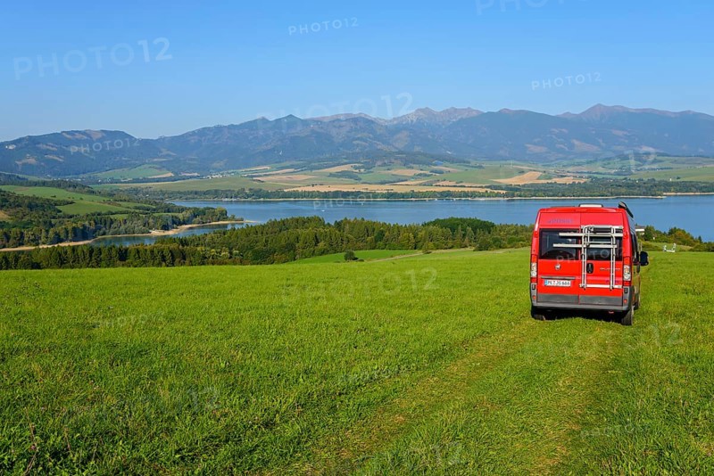 Mobile home on a slope with a view of the Liptov Reservoir or Liptovska Mara near Bobrovnik
