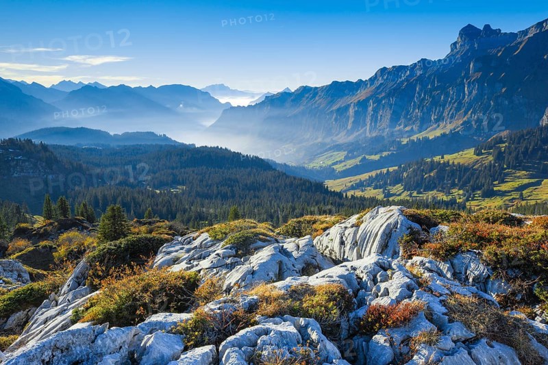 View from Pragelpass with view over Muota valley with Pilatus and Fronalpstock