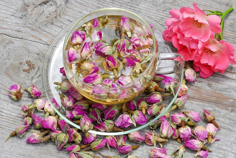 Rose tea in cup and rose buds