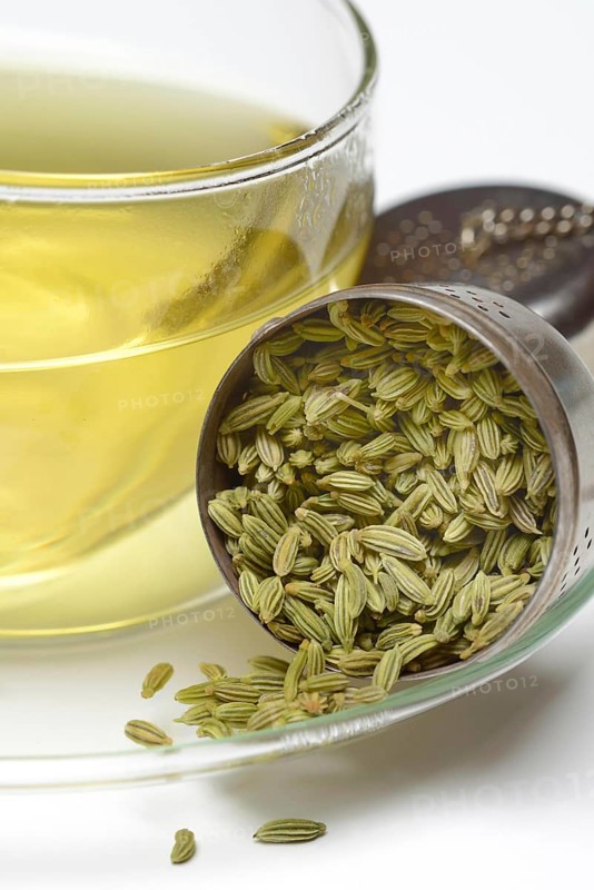 Fennel tea in cup and fennel seeds in spoon
