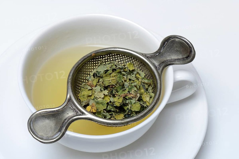 Moringa tea in cup and moringa leaves in tea strainer