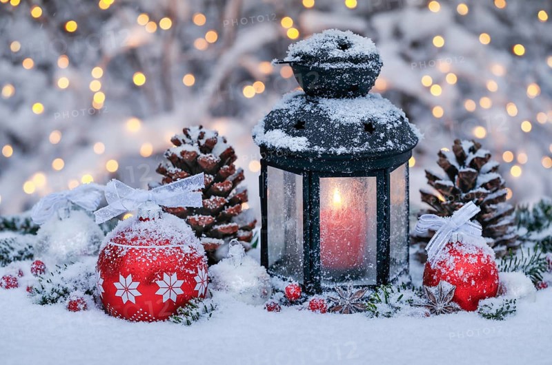 Lantern with outdoor Christmas decoration