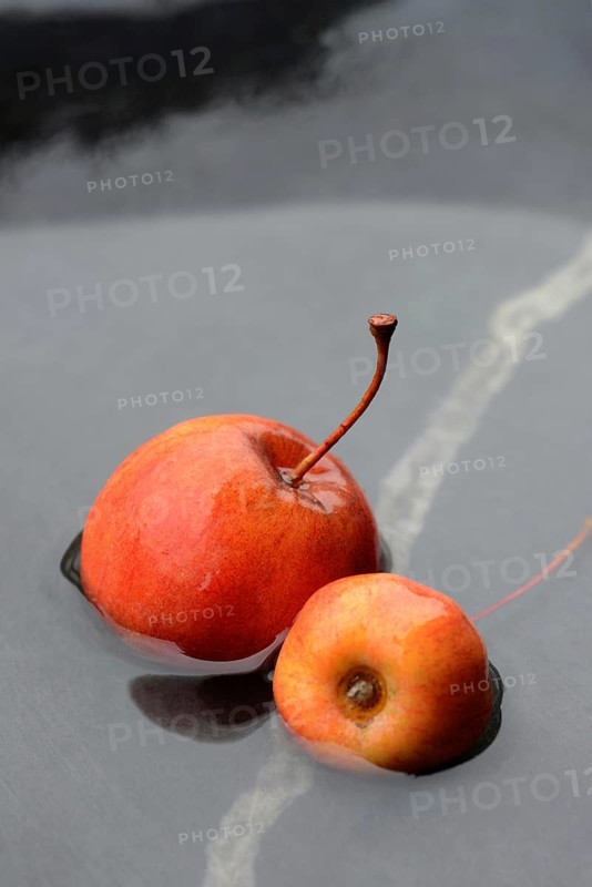 Two decorative apples in water
