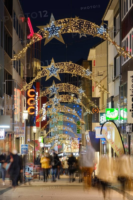 Pedestrian zone Limbecker Strasse with Christmas decoration