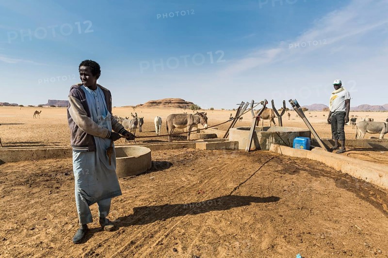Young man pulling water out of a water hole