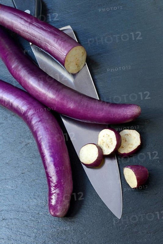 Japanese eggplant with knife