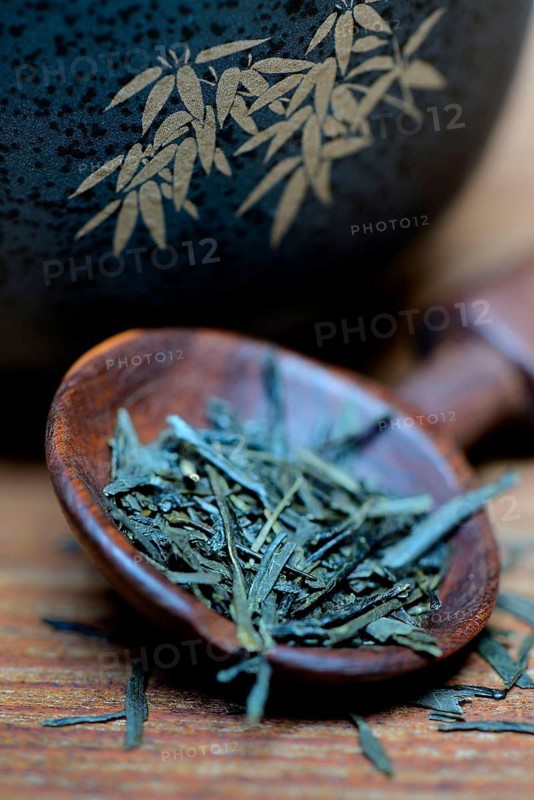 Japanese Sencha tea in wooden spoon