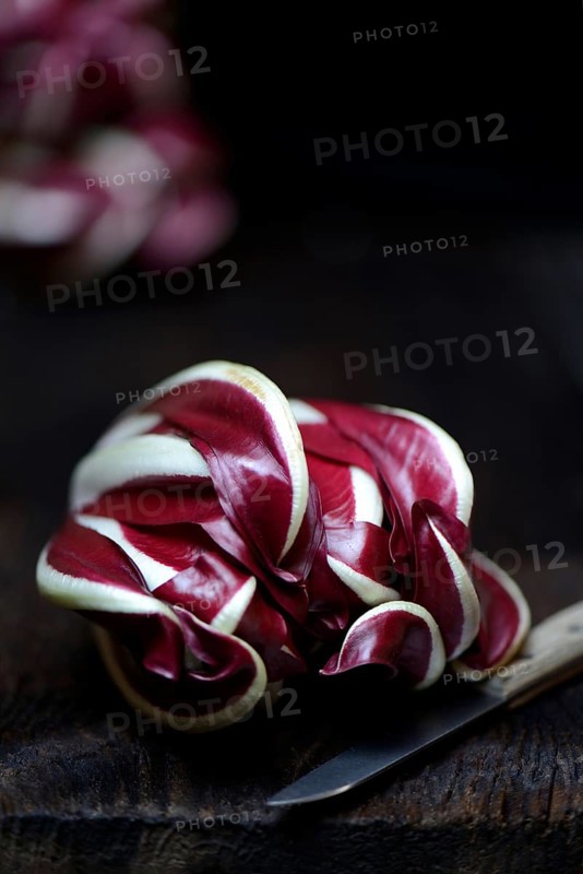 ( Cichorium intybus var. foliosum) Radicchio and kitchen knife, Radicchio Rosso di Treviso, red Chicory