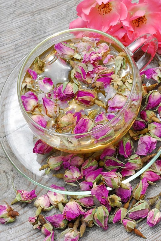 Rose tea in cup and rose buds