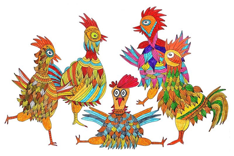 Five colorful chickens