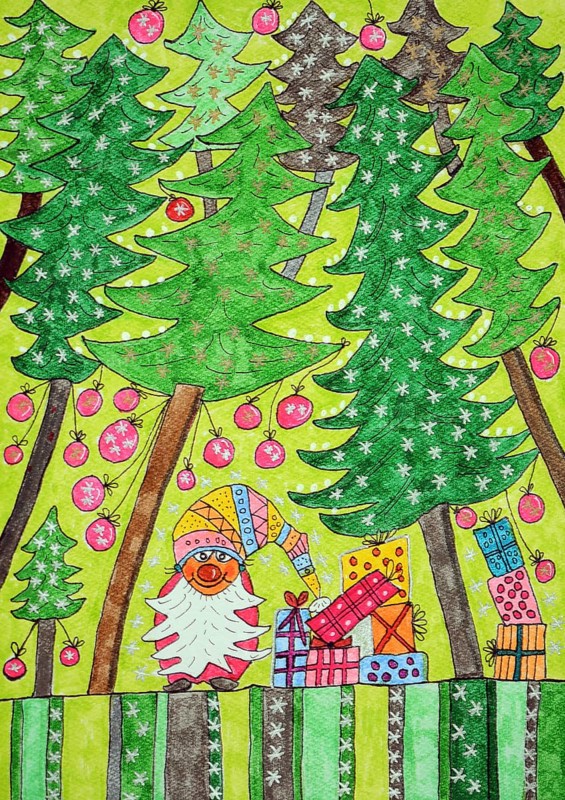 Christmas gnome with gifts in the forest