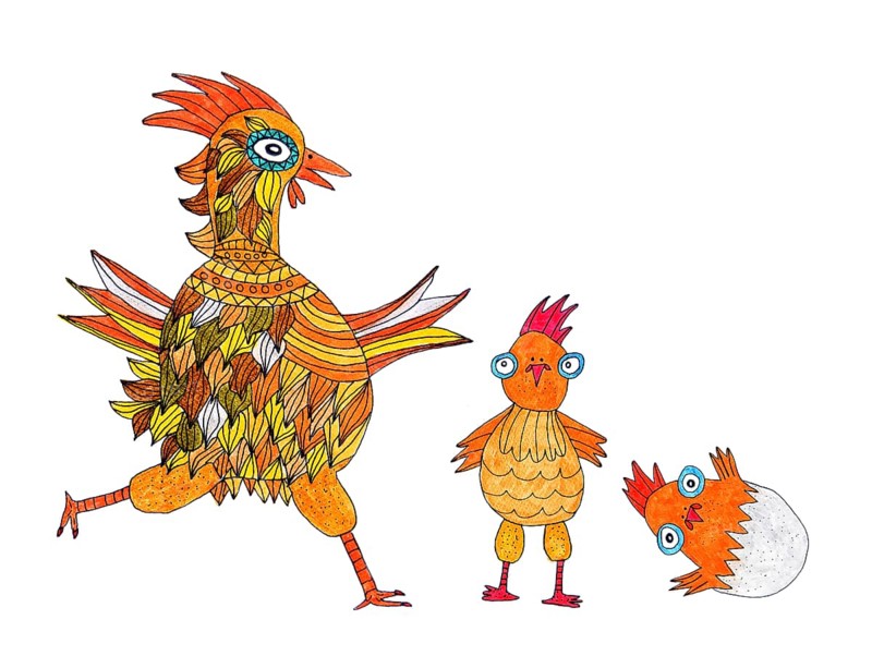 Colorful chicken with chicks