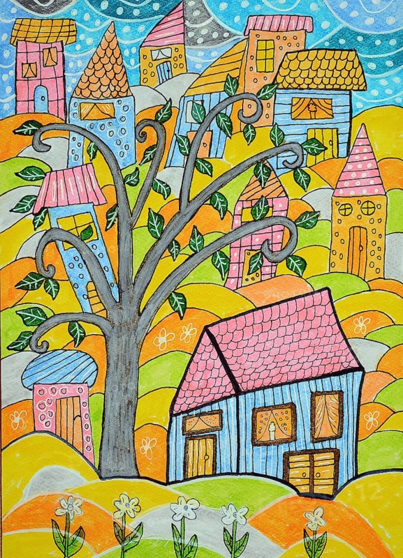 Colorful houses with tree
