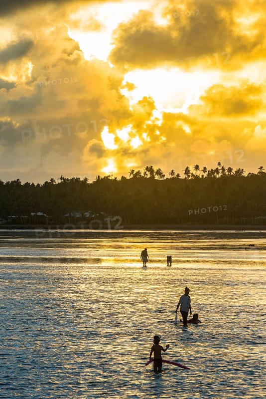 Locals local for snails at sunset in the lagoon of Wallis