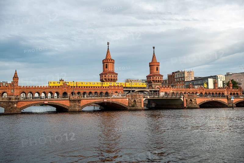 Yellow S-Bahn on the Oberbaum Bridge between Kreuzberg and Friedrichshain