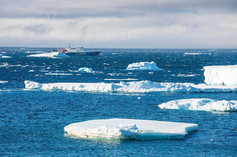 Cruise ship behind icebergs