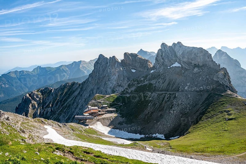 View of Karwendel mountain restaurant and Karwendelbahn with northern