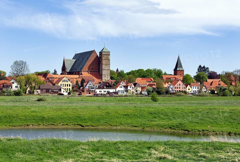 View over the river Aller to the old town Verden with cathedral and church St. Andreas