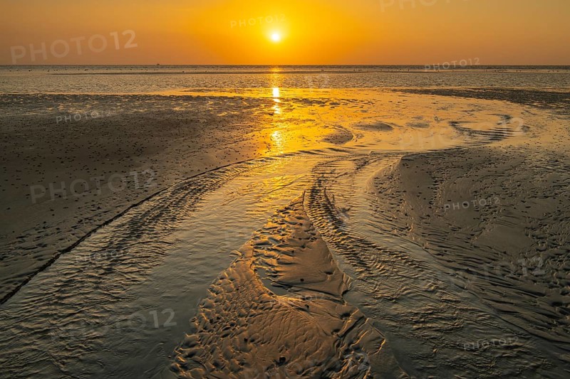 Sunset over tidal creek on sandy beach