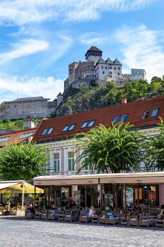 Cafes on Peace Square with Trencin Castle