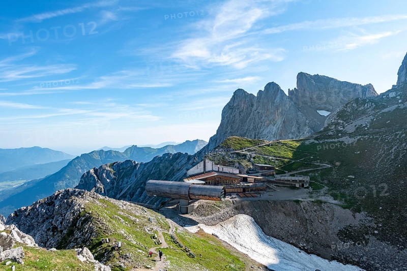 View of Karwendel mountain restaurant and Karwendelbahn with northern