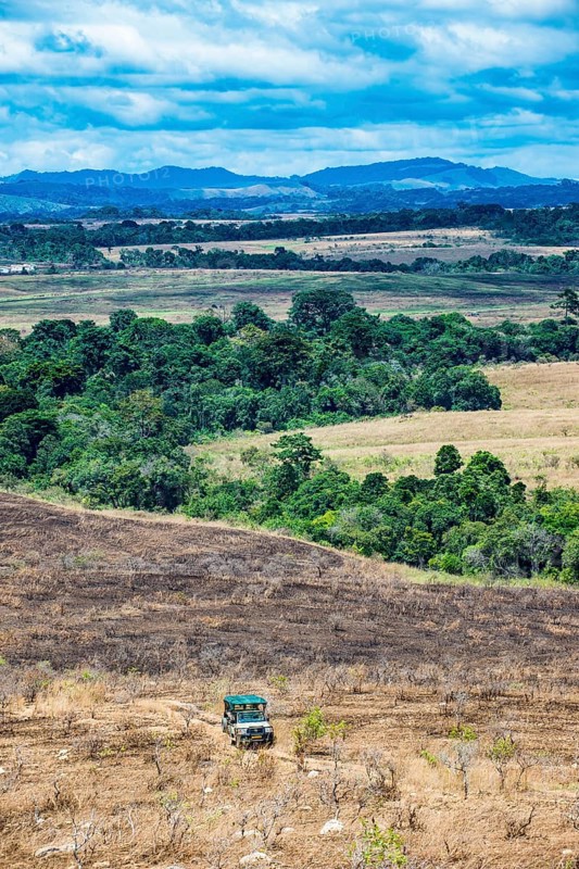 Tourist jeep driving through the savannah of the Unesco world heritage sight
