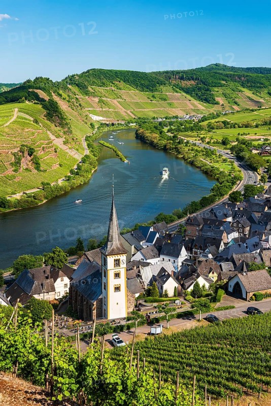 Winegrowing village Bremm on the Moselle with Saint Laurentius Church