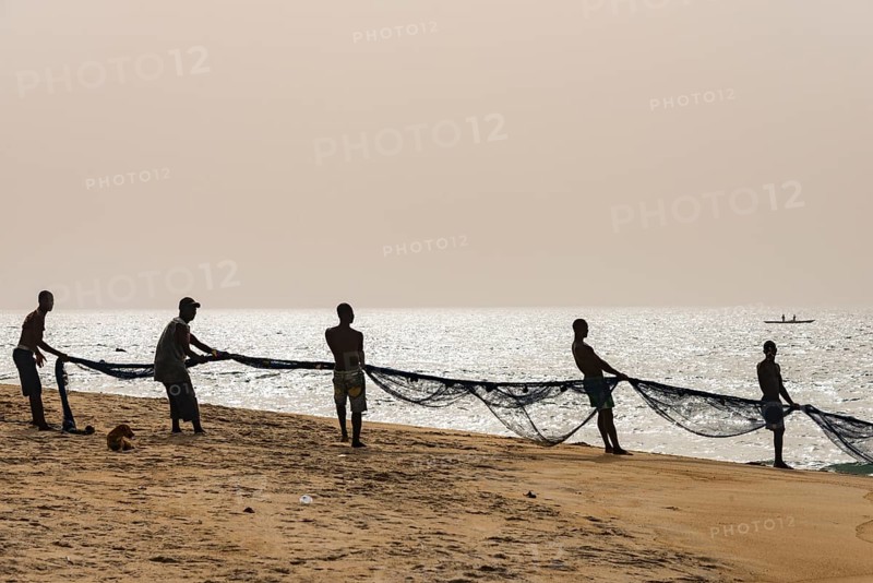 Local fishermen pulling their nets on a beach in Robertsport