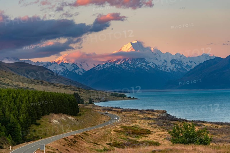 View of Mount Cook with road and lake
