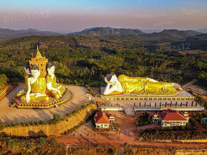 Aerial of the huge sitting and reclining buddhas Ko Yin Lay