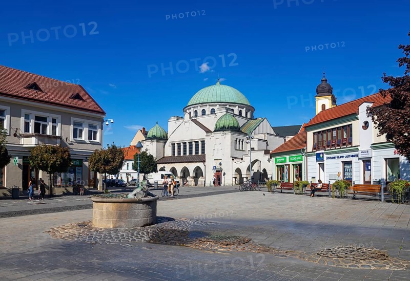 Jewish synagogue on the main square with Aquarius fountain Vodnik