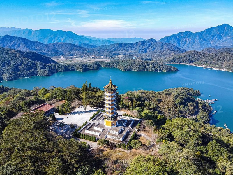 Aerial over the Ci'en Pagoda and Sun Moon Lake