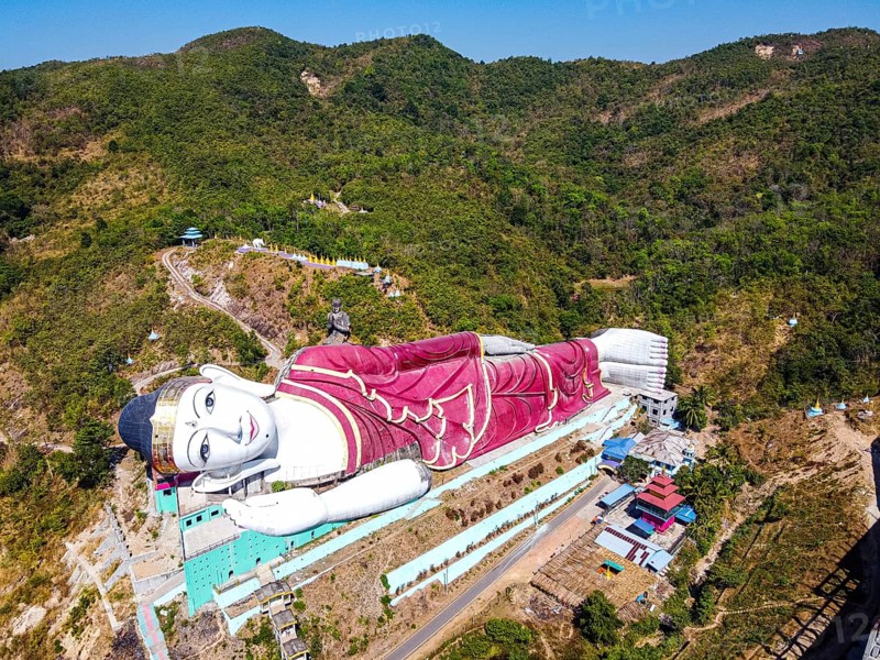 Aerial of a giant reclining buddha in Win Sein Taw Ya outside Mawlamyine