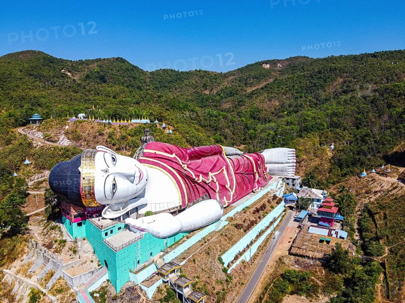 Aerial of a giant reclining buddha in Win Sein Taw Ya outside Mawlamyine