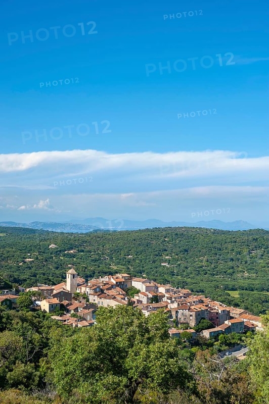 Landscape with the mountain village Ramatuelle and the Massif de l'Esterel in the background