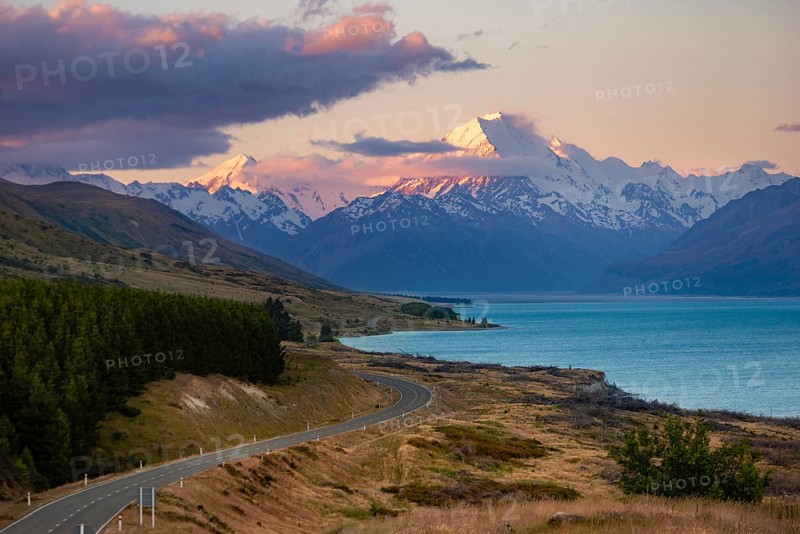 View of Mount Cook with road and lake